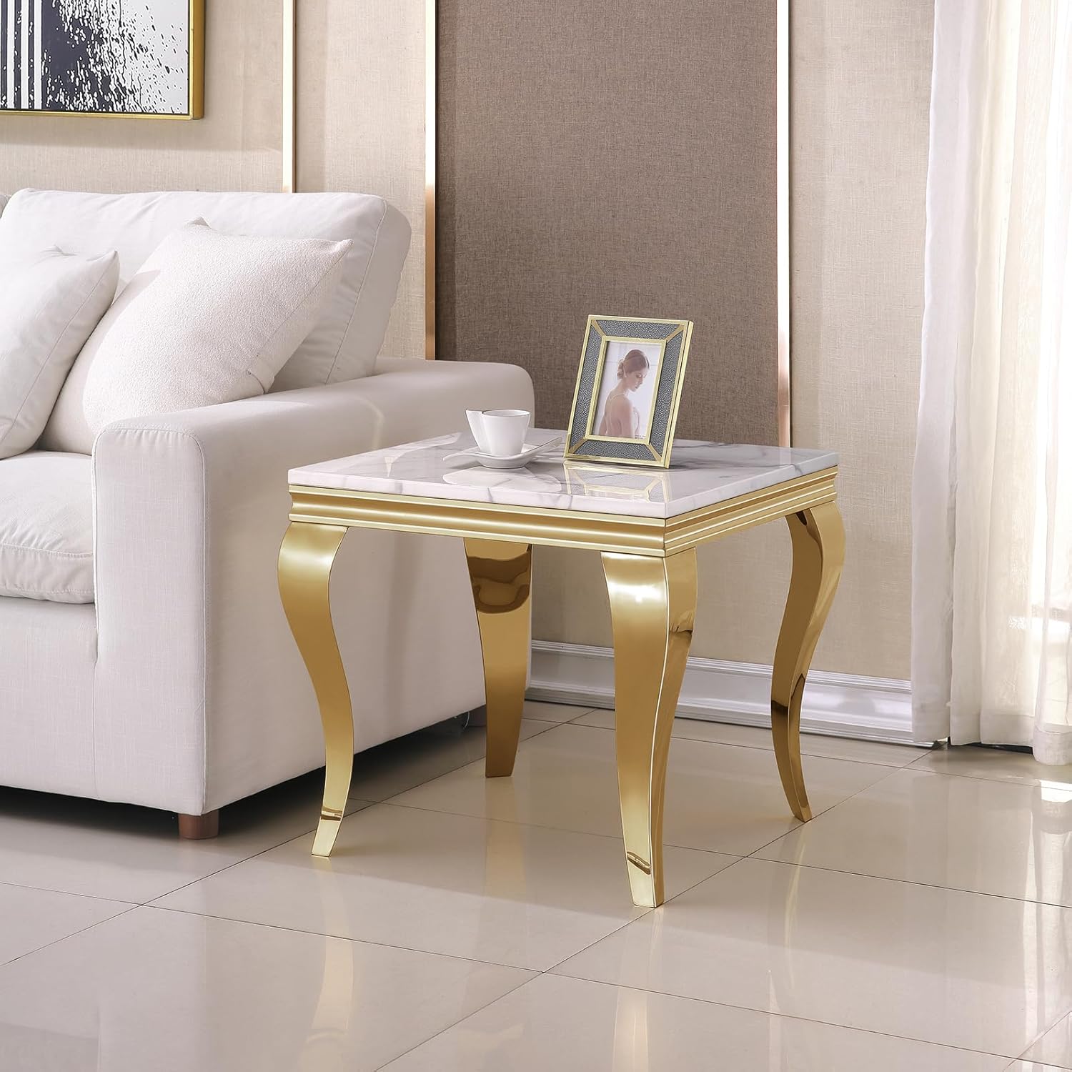 Marble End Table, Modern White Faux Marble Sofa Side Table with Gold Stainless Steel Legs, Luxury Sqaure Accent Side Table Bedside Table Nightstand for Living Room Bedroom Office