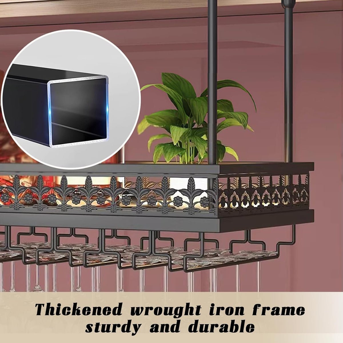 Ceiling Wine Rack-Hanging Stemware Holderfor Bar,23.6"x11.8"-Black | Adjustable Height 12"-24”,Industrial Iron Hanging Kitchen Wine Bottle Organizer Shelf,Space-Saving