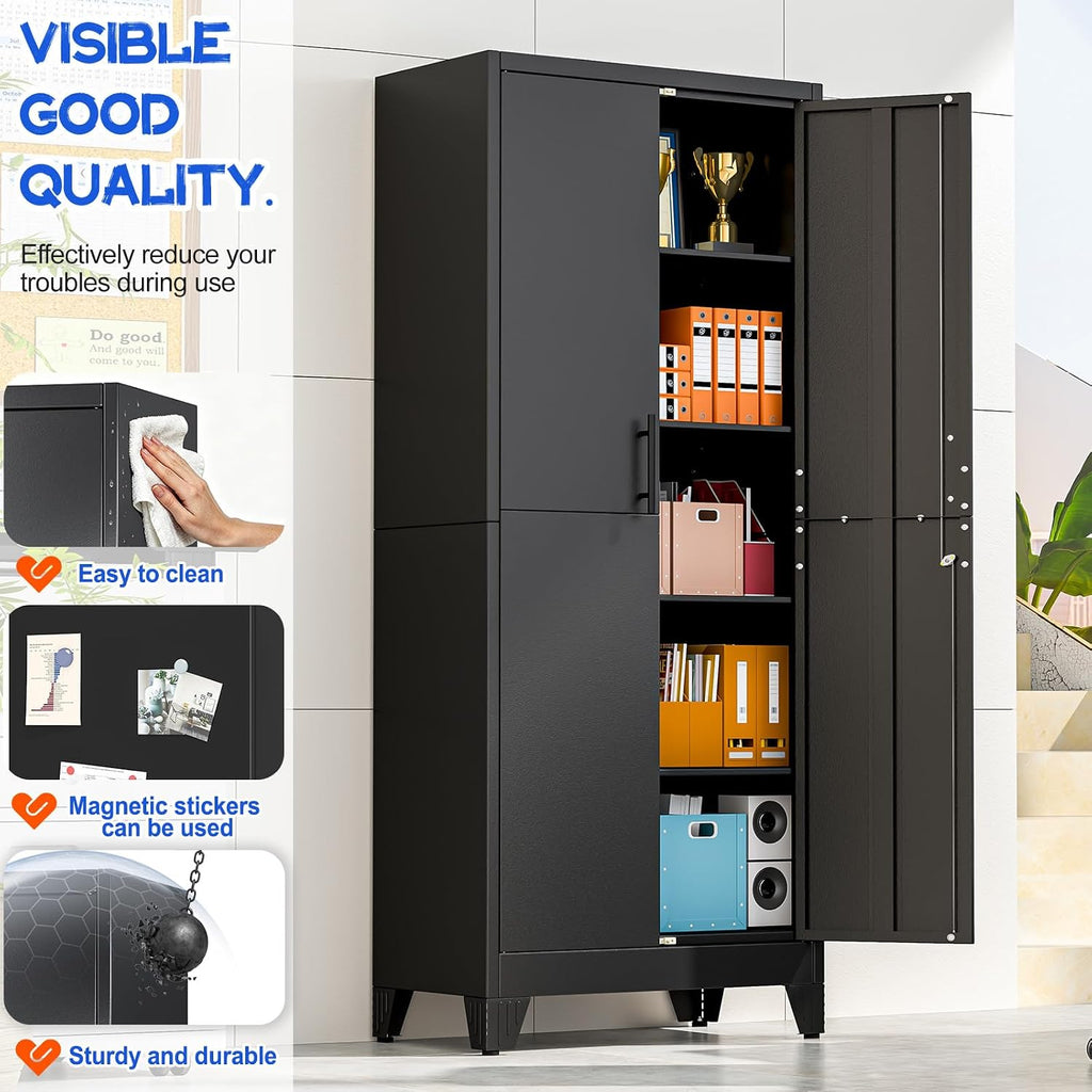 GAIOUS Tall Metal Storage Cabinet with Lock, 2 Doors Freestanding Steel Bookcase with Adjustable Shelves, Heavy Duty Lockable Office Filing Cabinet, Home Garage Utility Pantry Organizer Cabinet, Black