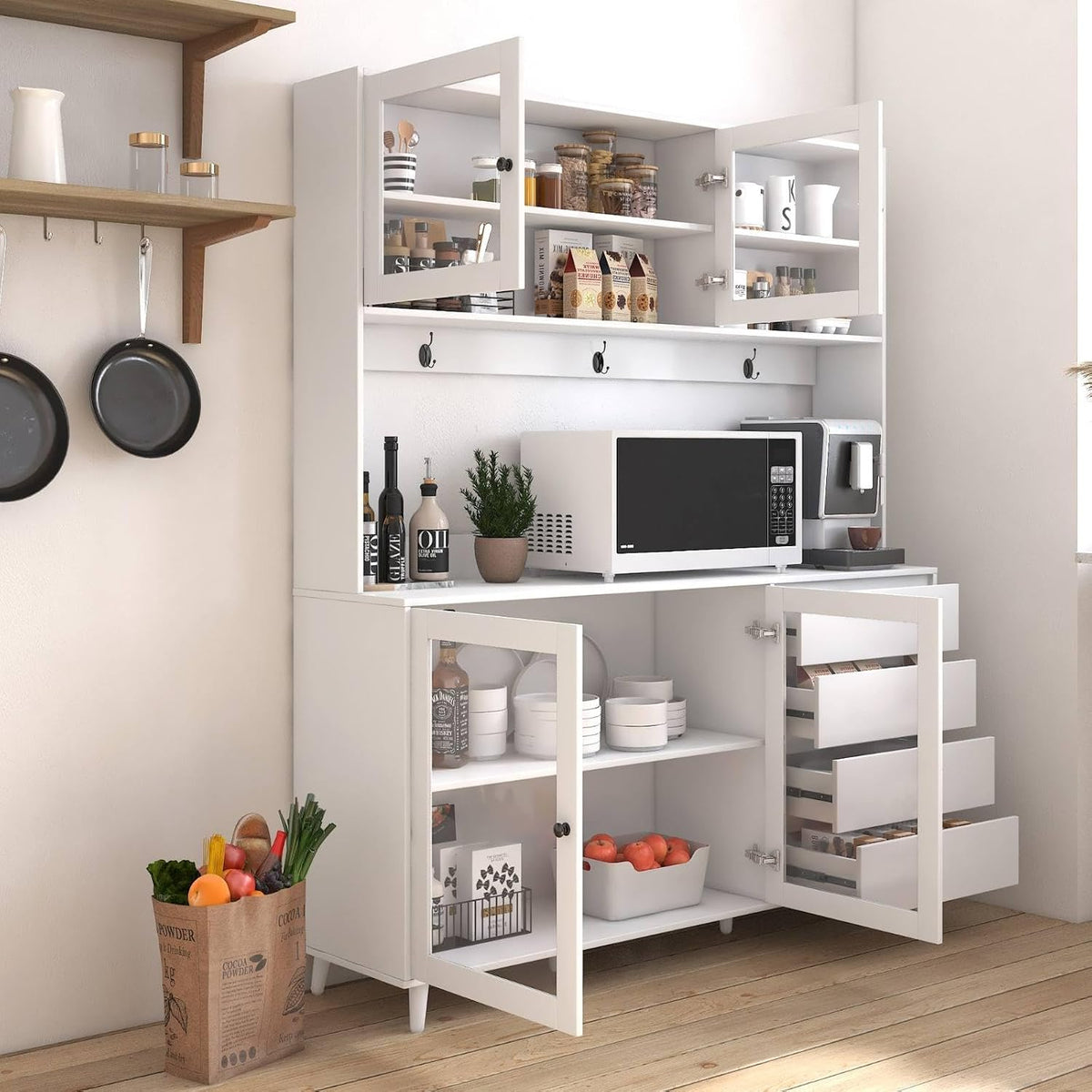 Modern White Kitchen Buffet and Hutch Storage Cabinet with Glass Doors, 4 Drawers, Open Shelves, and Hooks, Multifunctional Sideboard for Dining Room and Kitchen Organization
