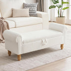 55" Storage Ottoman Bench, Corduroy End of Bed Bench for Bedroom, White | Upholstered Entryway Bench with Seating, Solid Wood Legs, Rolled Arm, for Bedroom Living Room Window Hallway, up to 285 lbs