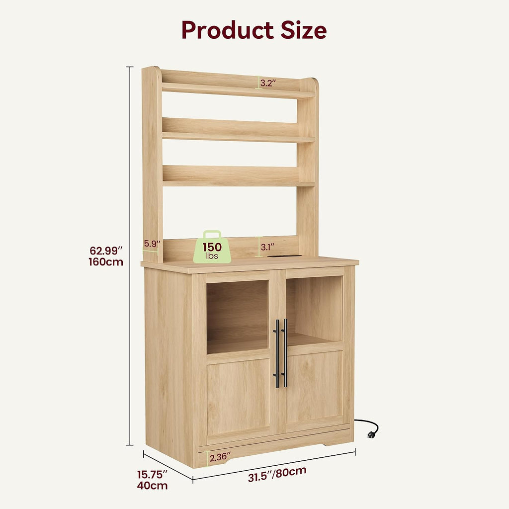 IDEALHOUSE Bakers Rack with Storage Cabinet, Microwave Stand with Power Outlets, Farmhouse Bakers Rack with Thick Table Top, Small Kitchen Bakers Rack for Kitchen,Dining Room,Peer Wood