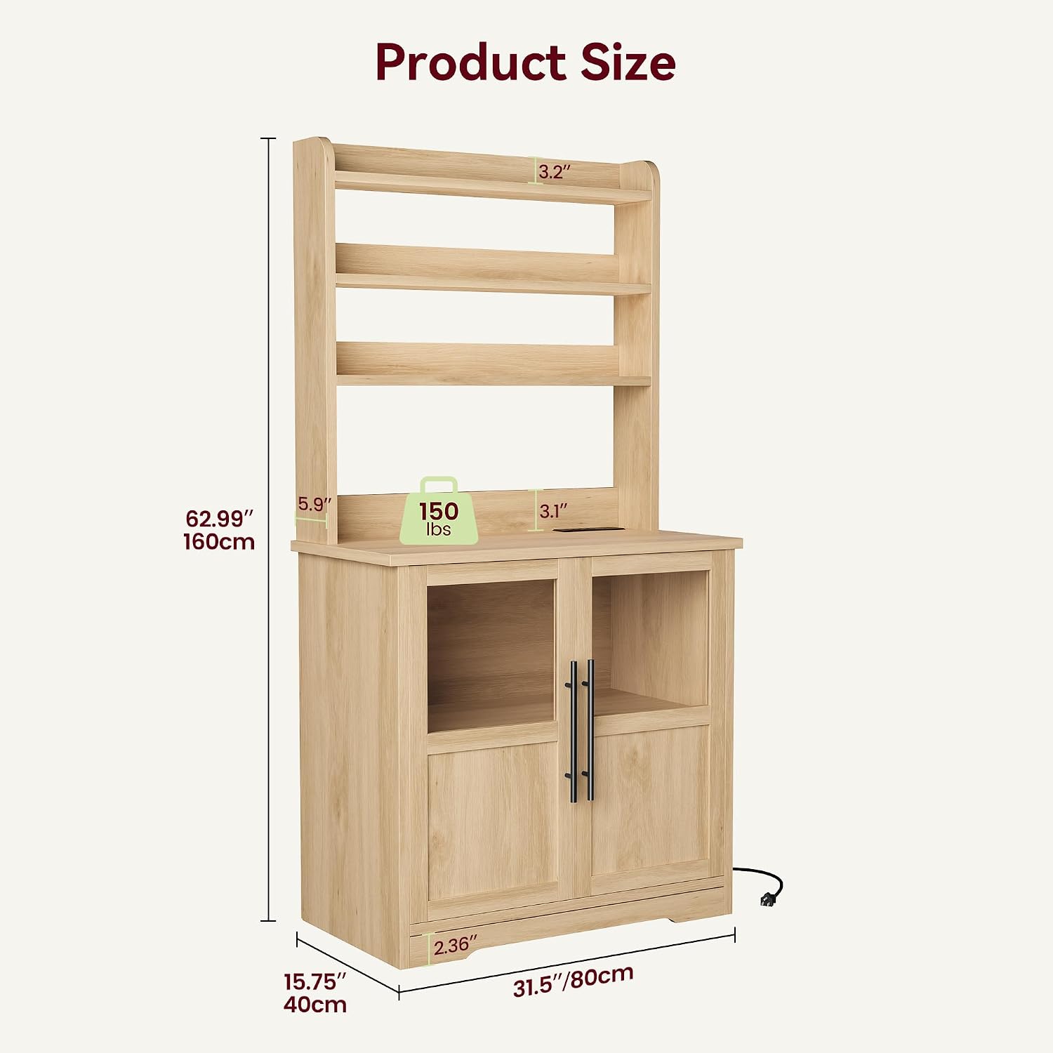 IDEALHOUSE Bakers Rack with Storage Cabinet, Microwave Stand with Power Outlets, Farmhouse Bakers Rack with Thick Table Top, Small Kitchen Bakers Rack for Kitchen,Dining Room,Peer Wood