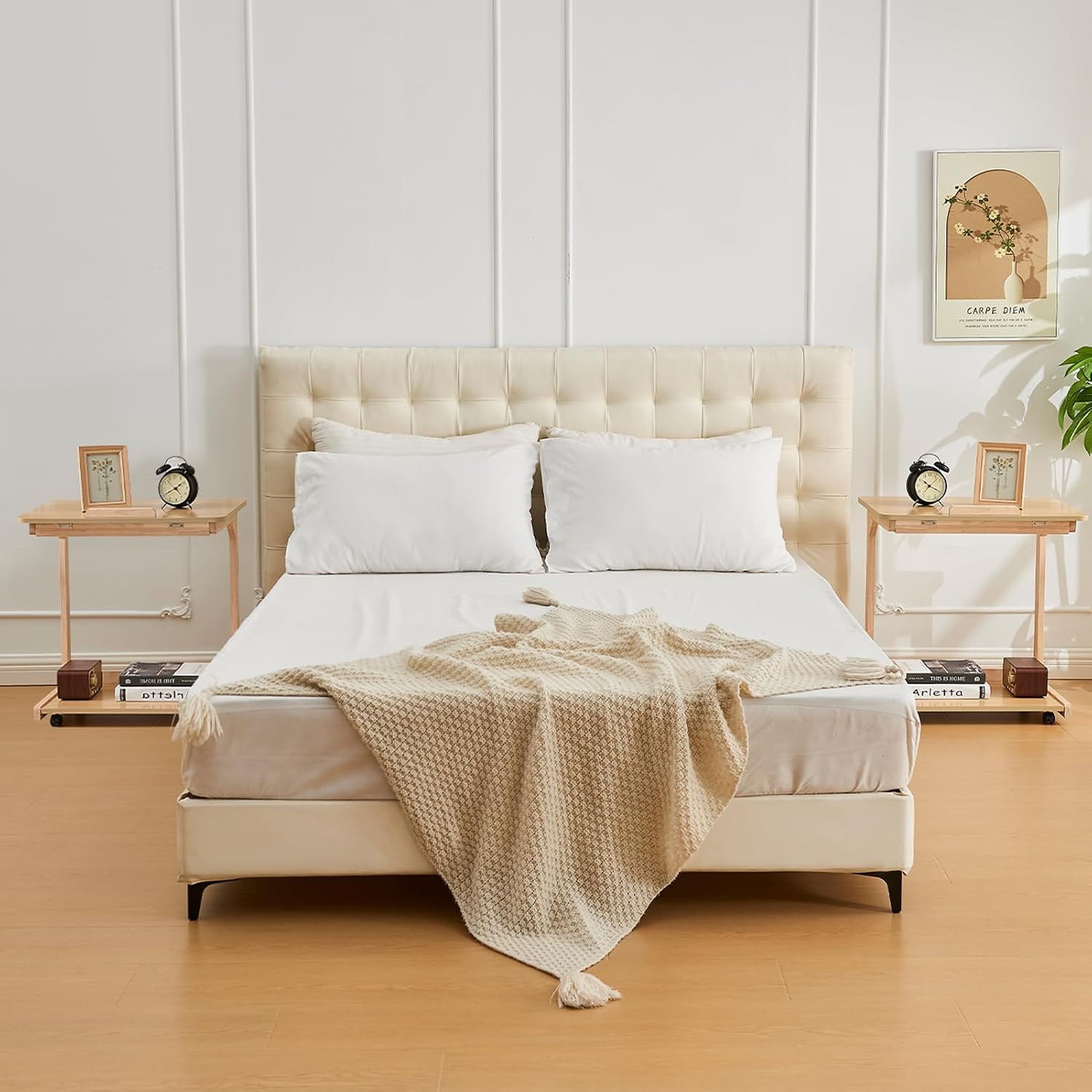 Uniclinens Rolling Side Table Desk Sofa - C Shape Couch End Table with Wheels, Mobile Wooden Slim Sofa Tray, Movable Small Couch Desk for Living Room Bedroom, Natural