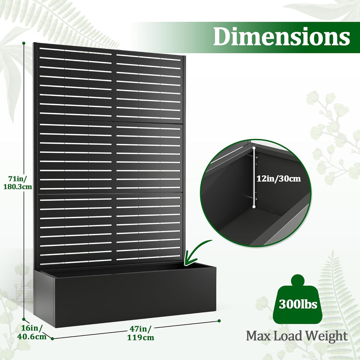 Metal Raised Garden Bed with Trellis, 2 in 1 Trellis with Planter Box & Privacy Screen for Climbing Plants, Vine, Outdoor Standing Flower Beds with Drainage Holes, 47" L x 17" W x 71" H, Black