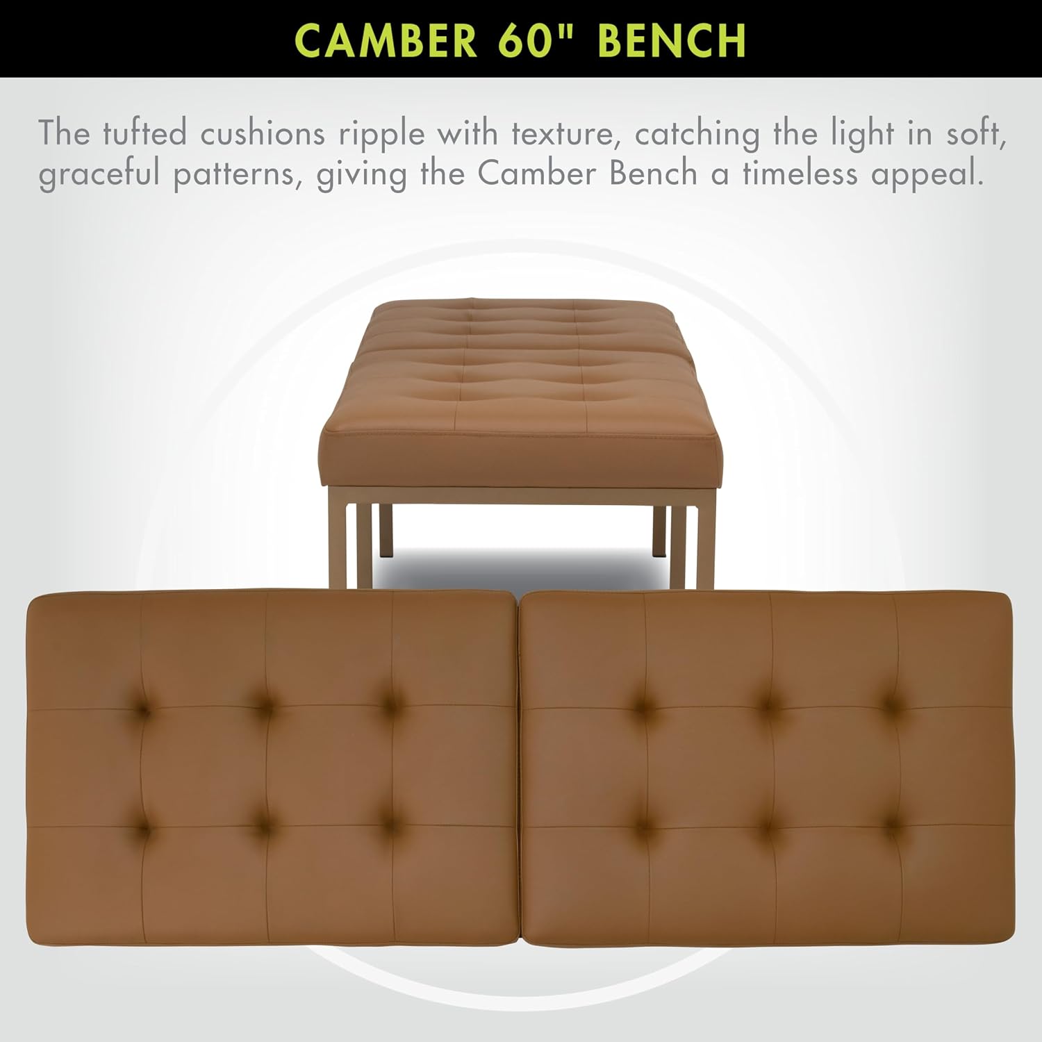 Studio Designs Home Camber Modern Dining Room 60" with Chrome Legs and Tufted Faux Leather, Entryway or Livingroom Accent Bench, Bronze/Caramel