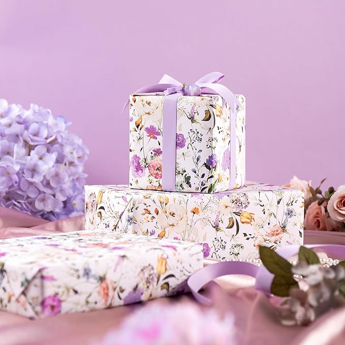 WRAPAHOLIC Kraft Floral Wrapping Paper Roll - Mini Roll - 17 Inch x 16.5 Feet - Garden Wildflower Wrapping Paper Perfect for Girls Women Birthday, Wedding, Bridal Shower