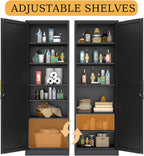 Metal Narrow Pantry Cabinet with Doors and Shelves, 67" H Tall Locker Cabinet for Kitchen, Living Room, Bathroom, 1 Door with Lock, Black