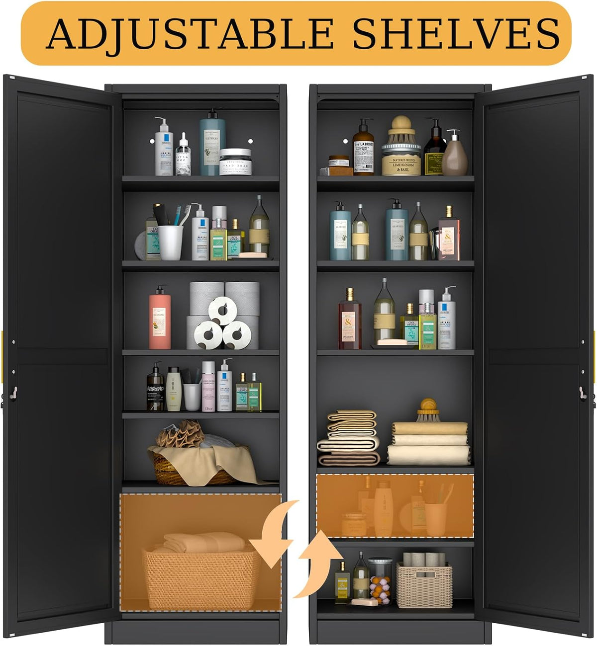 Metal Narrow Pantry Cabinet with Doors and Shelves, 67" H Tall Locker Cabinet for Kitchen, Living Room, Bathroom, 1 Door with Lock, Black