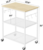 Homleke 3-Tier Rolling Kitchen Microwave Cart, Utility Cart | with Lockable Wheels Coffee Bar Table Station with 6 Hooks, Small Appliance Storage Shelf, White and Natural