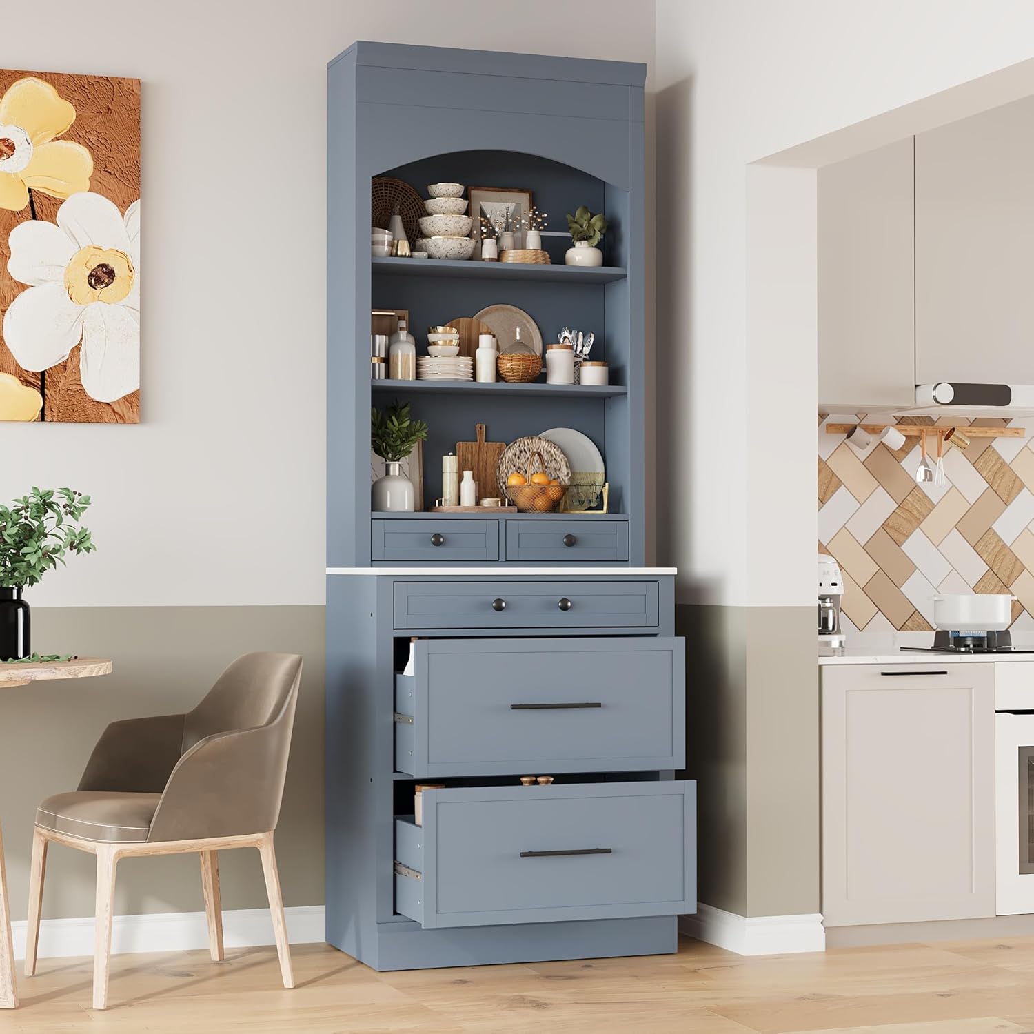 TOPMAX Modern 83.7inch High Kitchen Pantry, Freestanding Tall Kitchen Hutch with Faux Marble Top, Display Cupboard Cabinet with 5 Storage Drawers and Adjustable Shelf (Gray, 1 PCS)