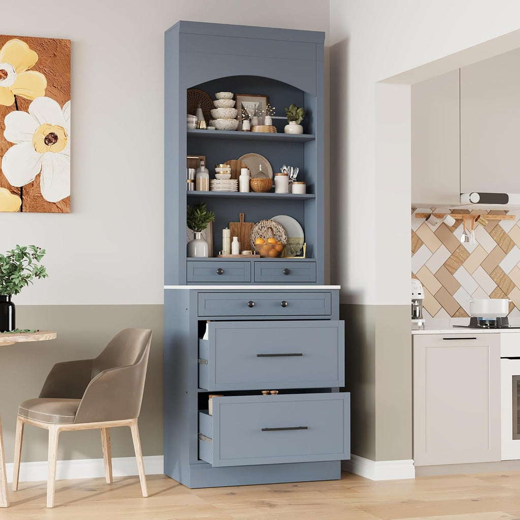 Modern 83.7inch High Kitchen Pantry Storage Cabine, Freestanding Tall Kitchen Hutch with Faux Marble Top, Display Cupboard Cabinet with 5 Storage Drawers and Adjustable Shelf, Gray