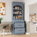 Modern 83.7inch High Kitchen Pantry Storage Cabine, Freestanding Tall Kitchen Hutch with Faux Marble Top, Display Cupboard Cabinet with 5 Storage Drawers and Adjustable Shelf, Gray