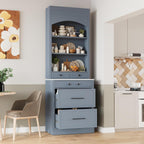Modern 83.7inch High Kitchen Pantry Storage Cabine, Freestanding Tall Kitchen Hutch with Faux Marble Top, Display Cupboard Cabinet with 5 Storage Drawers and Adjustable Shelf, Gray