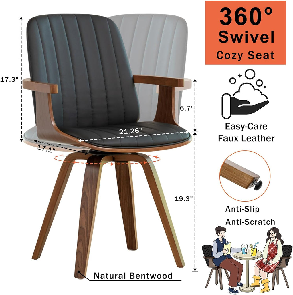WUPOTO Swivel Dining Chairs, Set of 4 Kitchen Swivel Chairs with Walnut Craftsmanship, Upholstered Faux Leather, Wooden Arms and Legs, Walnut Dining Chairs for Kitchen/Living Room - Black