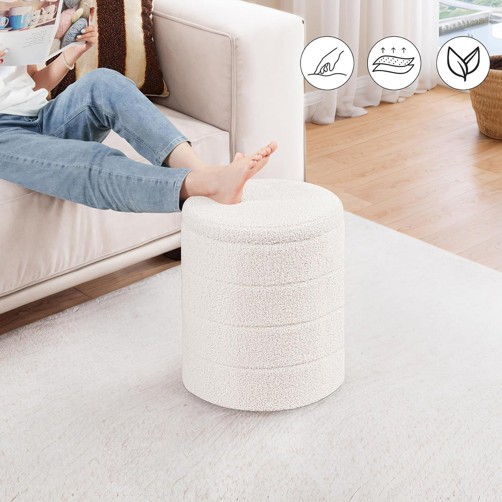 PINPLUS Round Storage Ottoman Foot Rest Stool with Tray Velvet Sherpa Folding Storage Ottoman,Boucle Foot Rest for Living Room, Bedroom, Dorm（Cream White）