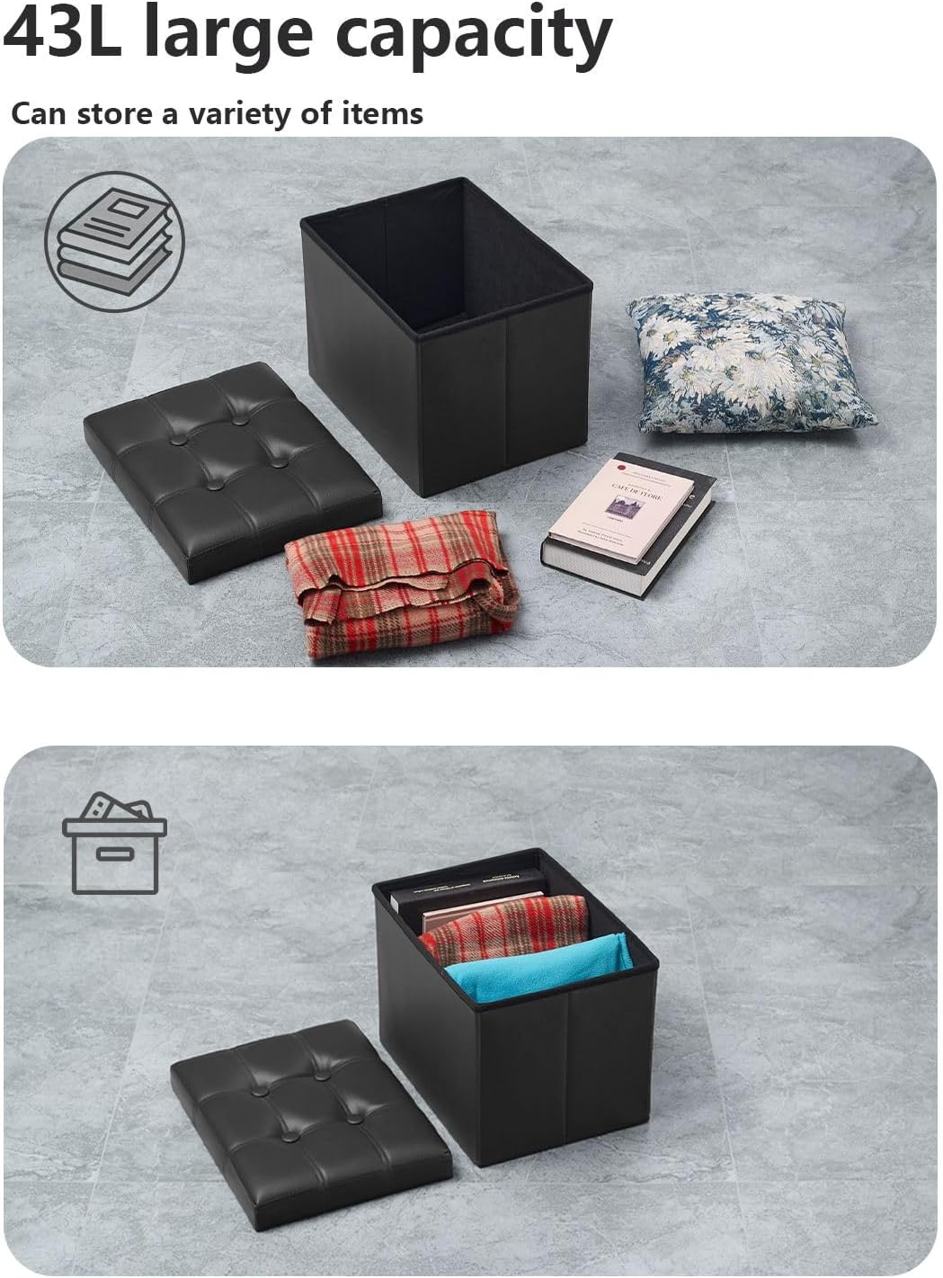Bsketa Storage Ottoman, Folding Foot Stool with Thicker Foam Padded Seat Small Leather Storage Ottoman Bench Foot Rest for Living Room Foldable Coffee Table 17x13x13in,Black