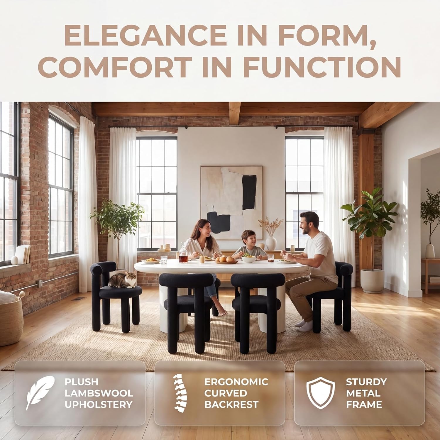 DUOMAY Modern Black Boucle Dining Chairs Set of 4, Sherpa Upholstered Kitchen Chairs Armless Barrel Back Dining Chair, Living Dining Room Chairs, Reception