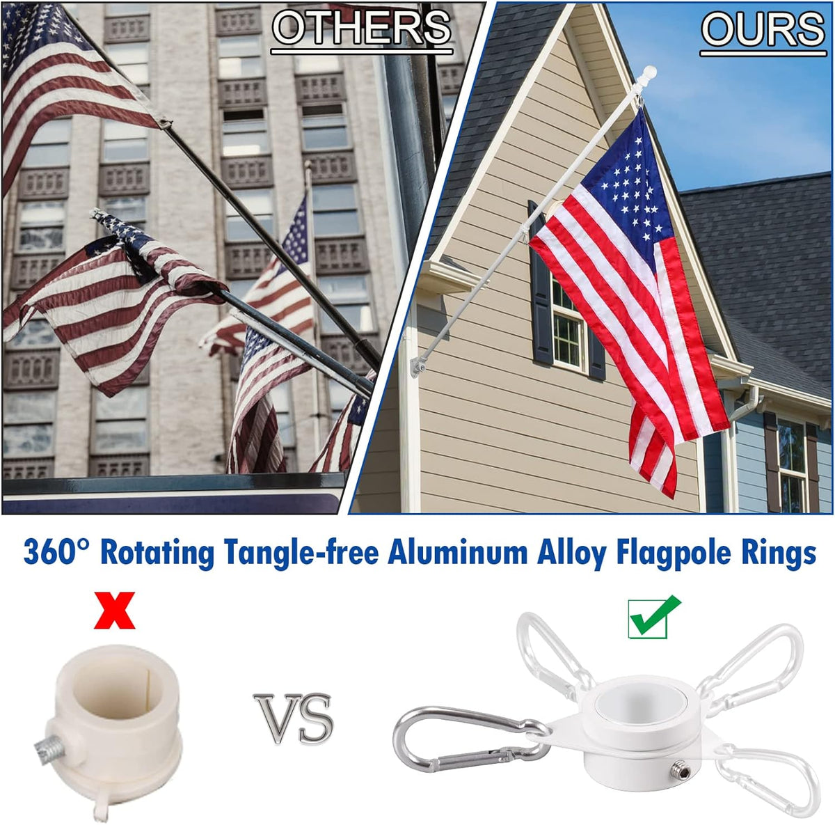 1" White Flag Pole Rings, 2 Pcs Anti Wrap Aluminum Alloy Flag Pole Clips Swivels, 360° Rotating Flagpole Flag Mounting Rings, Spinning Flag Pole Kit for 0.75-1.02" Diameter (1 Inch, White)