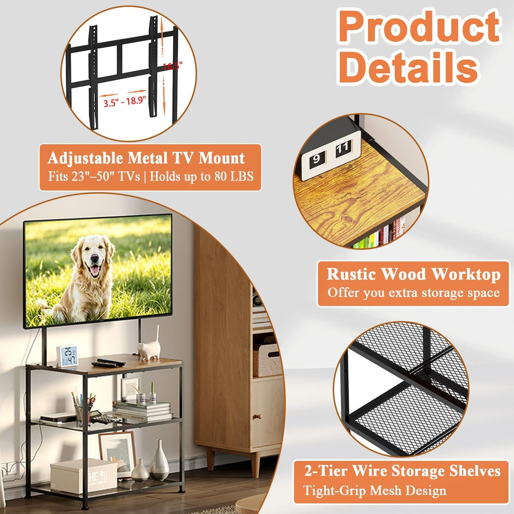23 Inch to 50 Inch Floor Small Corner TV Stand with Storage Shelves for Living Room Bedroom, Universal Floor Television Stands with Mount, Rustic Brown Corner TV Table Desk Shelf for Small Space