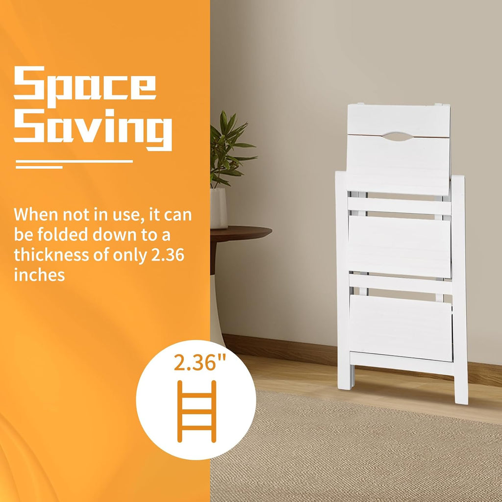 3-Step Ladder Chair Folding Step Stool Chair 22.44" L x 16.33" W x 25.6" H 220 LBS Load Capacity White Pinewood Counter Chairs for Kitchen Bedroom Living Room Warehouse, Space Saving