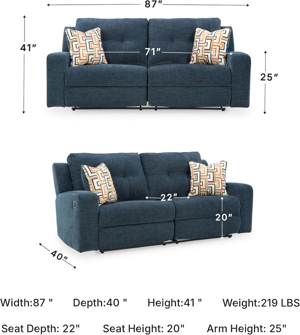 Signature Design by Ashley Danum Modern Manual Pull Tab Reclining Sofa with Tufed Back Cushion, Blue