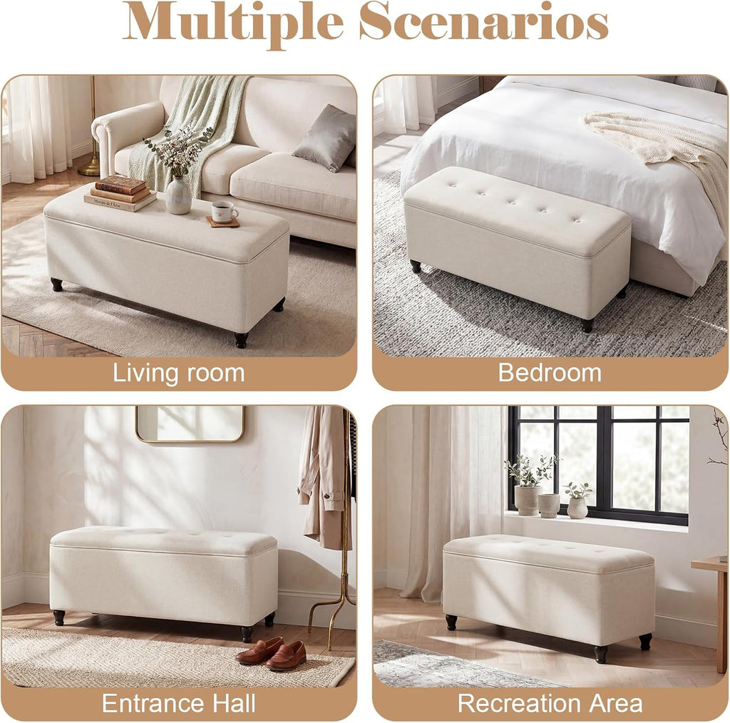 Homebeez 41" Linen Storage Ottoman Bench with Button Tufted Top & Wooden Legs, Upholstered Storage Bench for Bedroom, Entryway, Living Room
