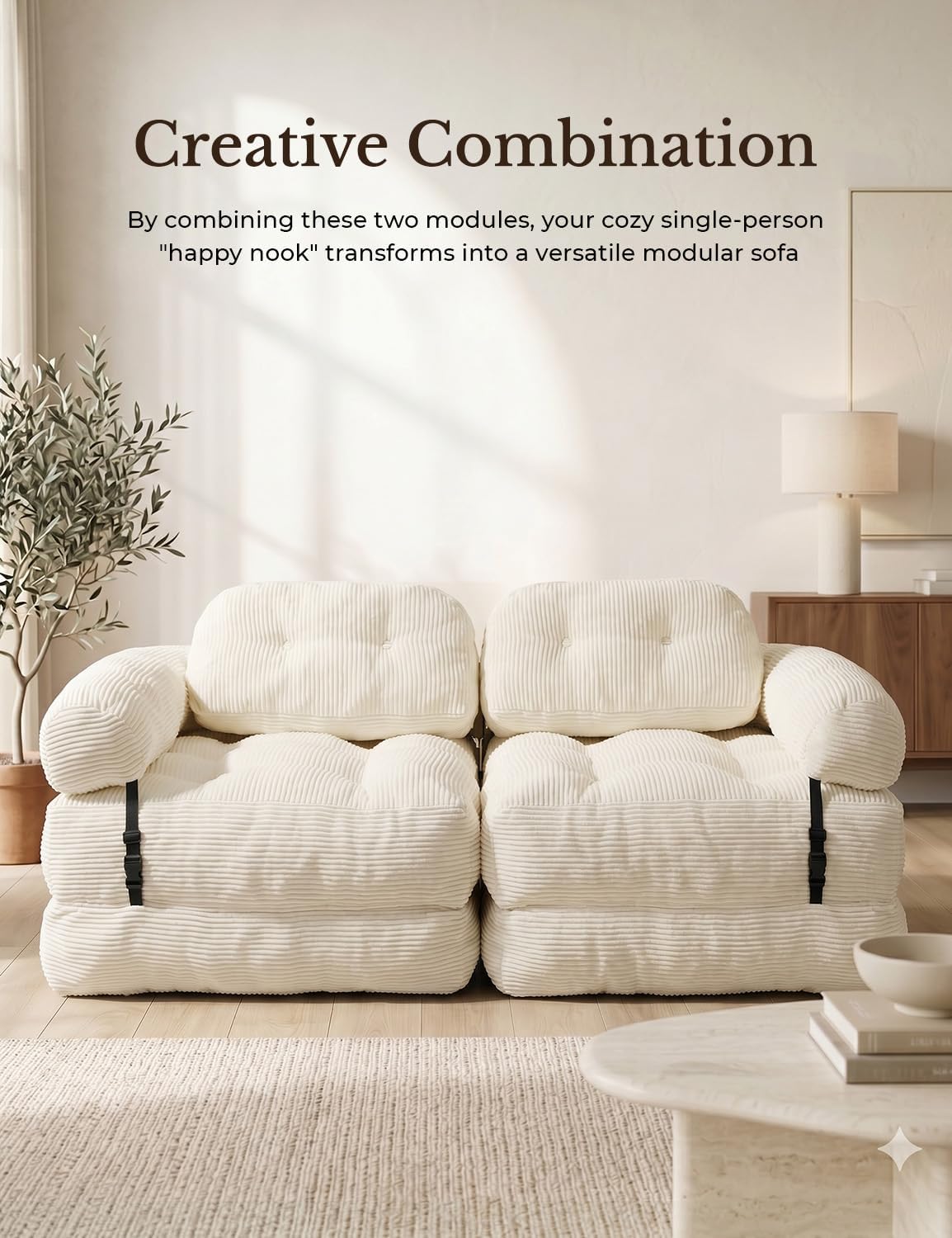 Folding Sofa Bed, L-Shaped Couch Back Support and Arm Pillow Futon | Convertible Sofa Bed for Living Room/Guest Use/Home Office, Foldable Couch for Adults, Beige