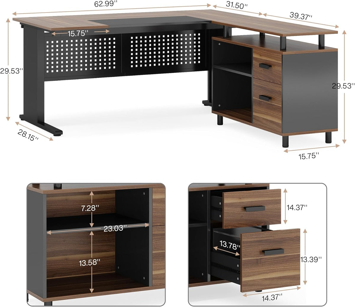 Tribesigns 63 Inch Executive Desk with Filing Cabinet, L Shaped Office Desk | Large Office Desk with File Drawer, L Shaped Desk with Storage, Computer Desk for Home Office, Easy Assembly, Brown and Black