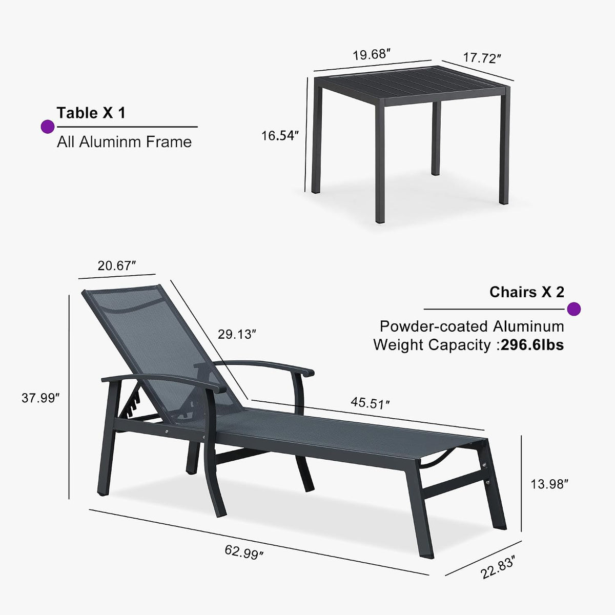 PURPLE LEAF Chaise Lounge Chair Outdoor 2 Pieces Pool Lounge Chairs 5 Adjustable Position with Armrests and Side Table, Aluminum Patio Lounge Chair for Outside, Backyard, Pool, Grey