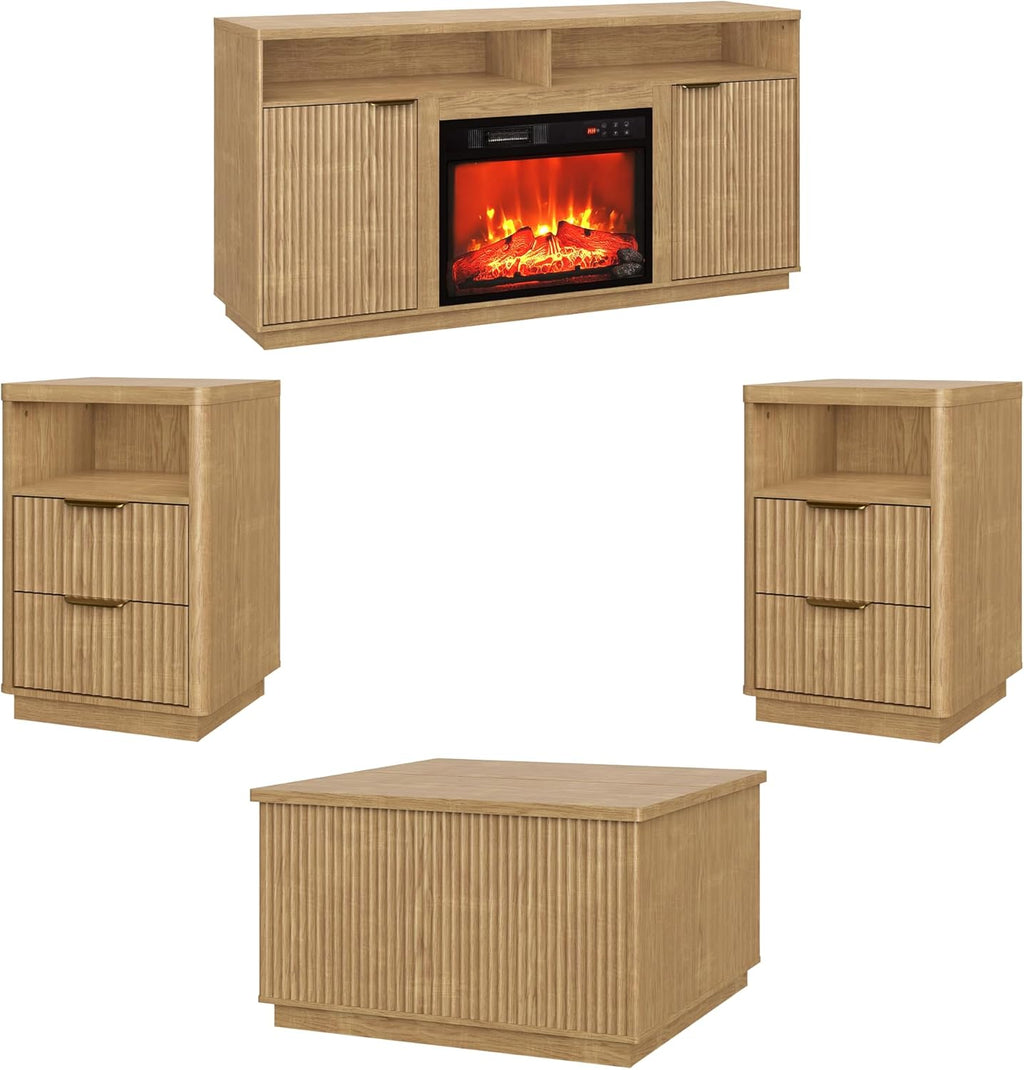 4-Piece Fluted Living Room Set Includes 31.5" Fluted Lift Top Coffee Table,59" Fluted Fireplace TV Stand for TVs Up to 70 inches and 2 Fluted Nightstands with Drawers,Natural Oak