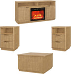 4-Piece Fluted Living Room Set Includes 31.5" Fluted Lift Top Coffee Table,59" Fluted Fireplace TV Stand for TVs Up to 70 inches and 2 Fluted Nightstands with Drawers,Natural Oak