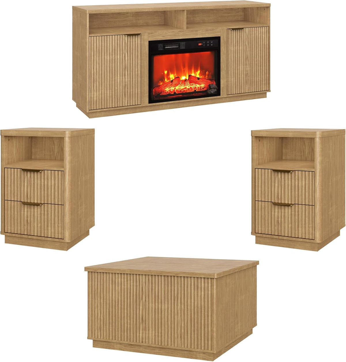 4-Piece Fluted Living Room Set Includes 31.5" Fluted Lift Top Coffee Table,59" Fluted Fireplace TV Stand for TVs Up to 70 inches and 2 Fluted Nightstands with Drawers,Natural Oak