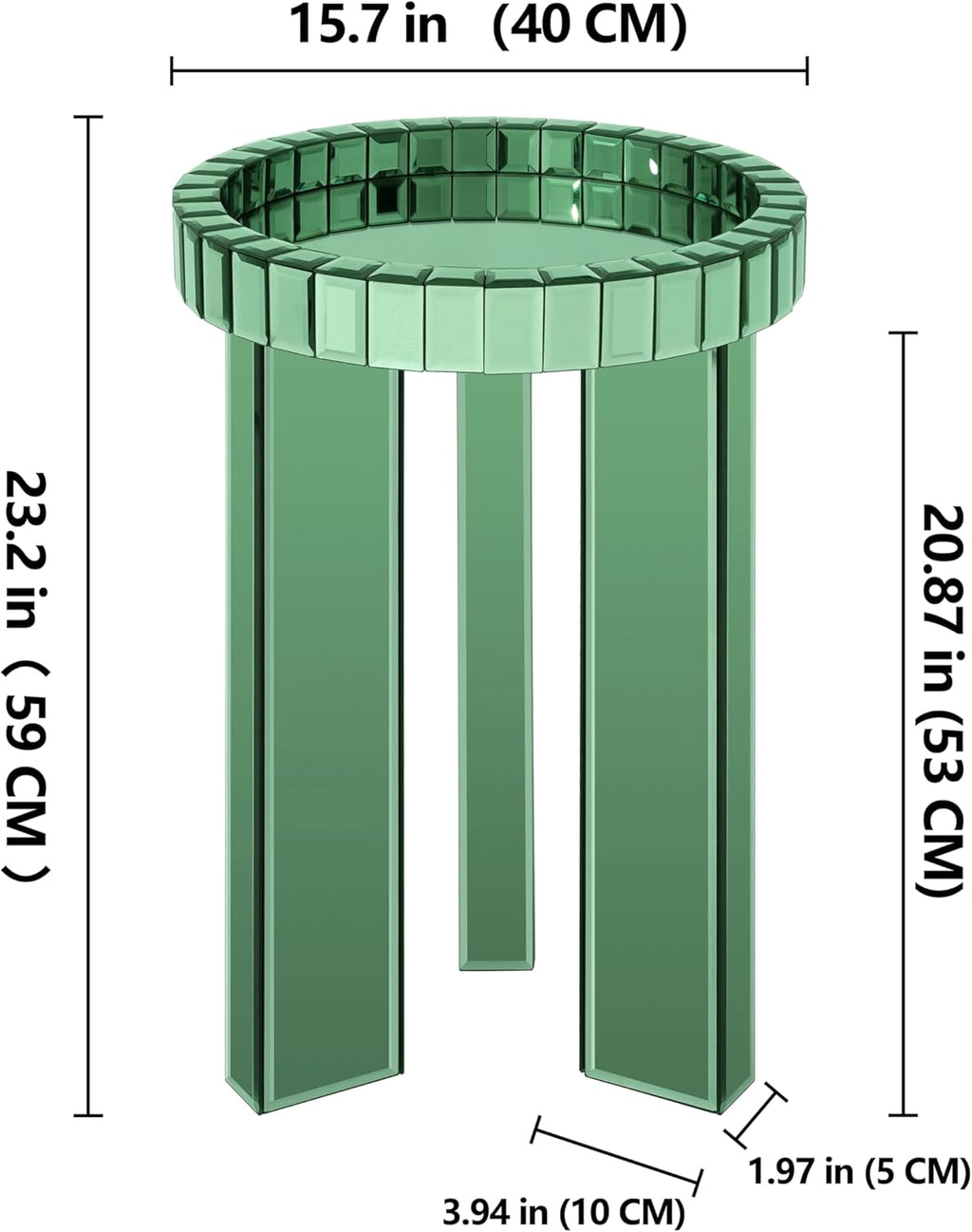 SHYFOY Green Mirrored End Table, 23" H Round Glass Side Table with Three Legs, Modern Accent Table for Living Room, Bedroom, or Entryway