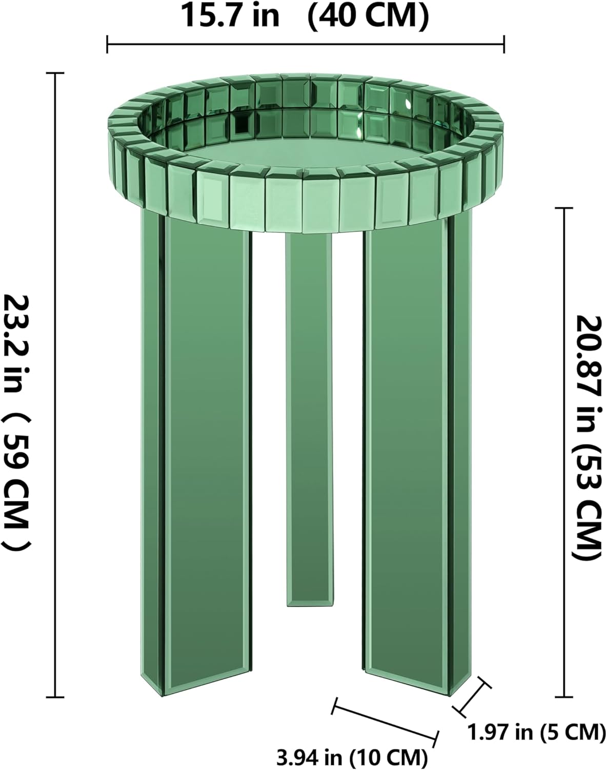 SHYFOY Green Mirrored End Table, 23" H Round Glass Side Table with Three Legs, Modern Accent Table for Living Room, Bedroom, or Entryway