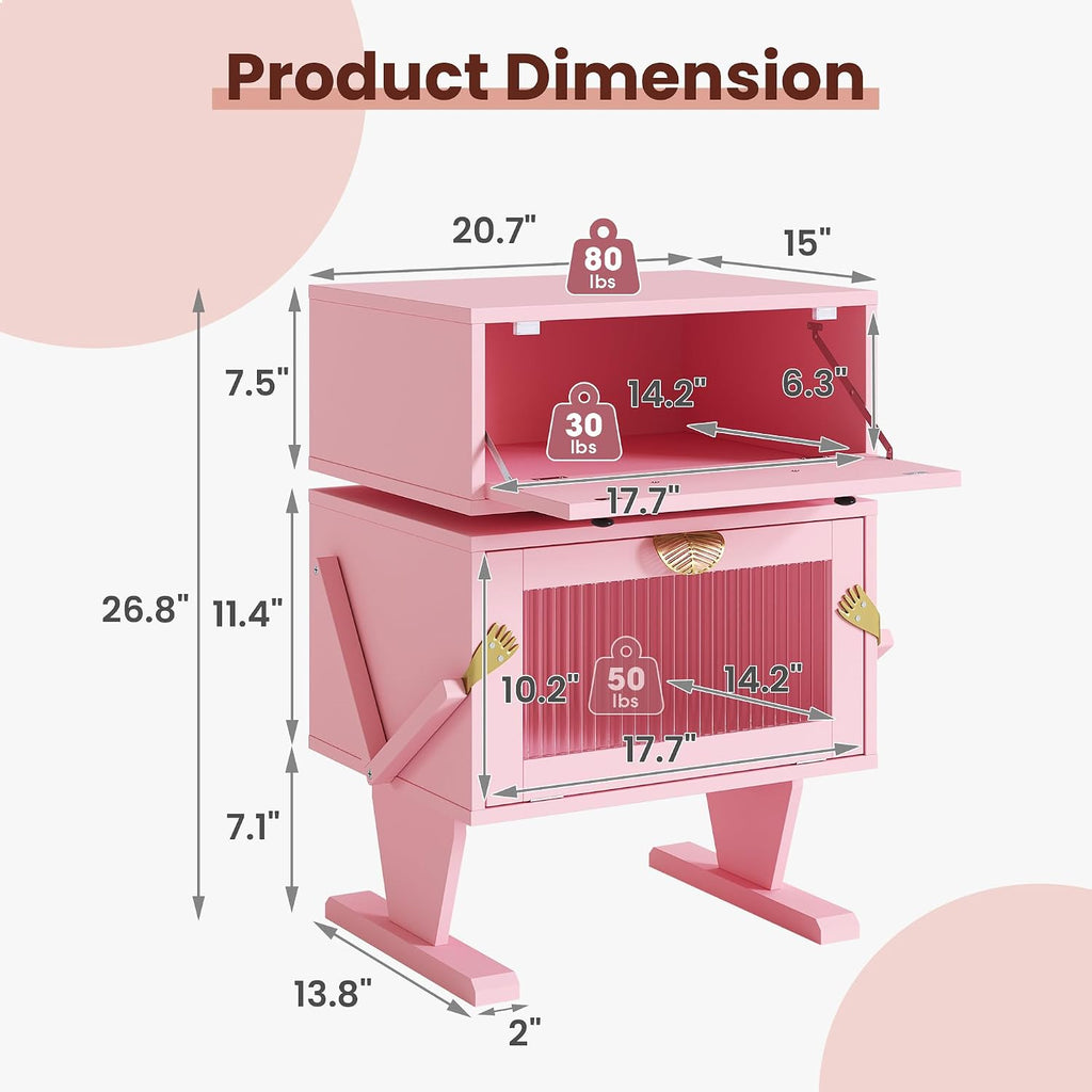 RoyalCraft Nightstand with LED Light Strips, Pink End Table for Bedroom | Modern Bedside Table with 360°Rotating Drawer, Wood Night Stand Cabinet with Glass Door Storage for Living Room, Home Office