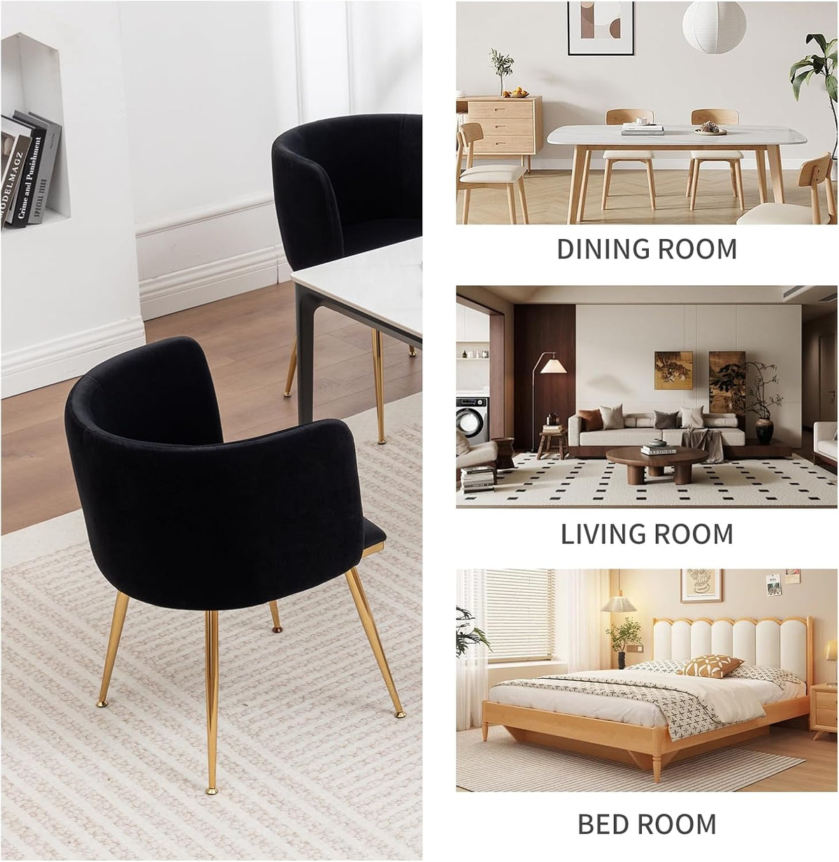 Canxkun Velvet Dining Chairs Set of 4, Barrel Dining Chairs with Gold Metal Legs, Modern Upholstered Dining Room Chair for Dining Room, Kitchen, Vanity (Black)