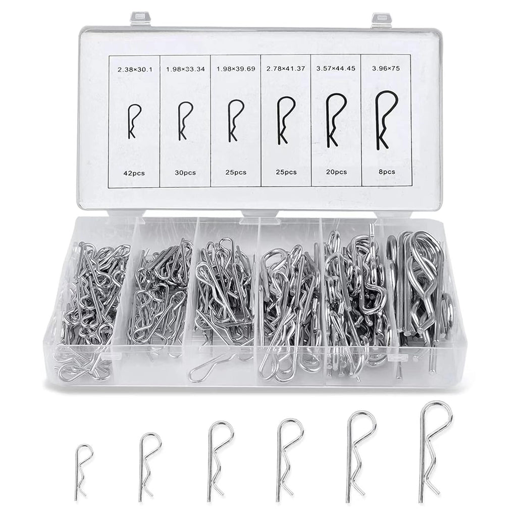 Boatsea Cotter Pin Assortment Kit, 150PCS 6 Sizes Hair Pin R Clips Assortment Kit, Zinc Plated Spring Steel Hairpin R Clips, Retaining Hair Pin for use on Hitch Pin Lock System