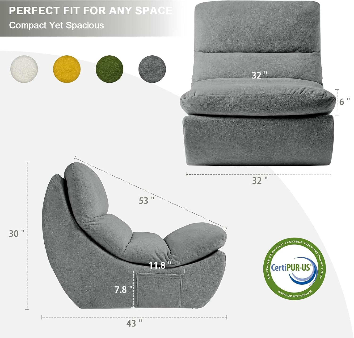 Comfy Reading Chair for Adults, Modular Sectional Sofa Bean Bag Chair, Cloud Couch Style with High Rebound Foam, Single Seat Compressible Sofa for Living Room & Bedroom, Grey