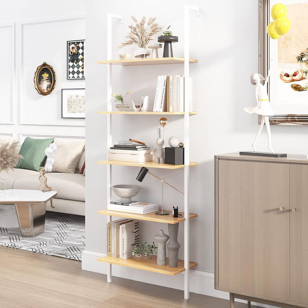 sogesfurniture Industrial Wall-Mounted Ladder Shelf, Wall-Mounted Bookshelf, 5-Tier Industrial Display Bookcase, Utility Storage Rack Shelf for Home, Living Room, Bedroom, Office SF02WT060WH