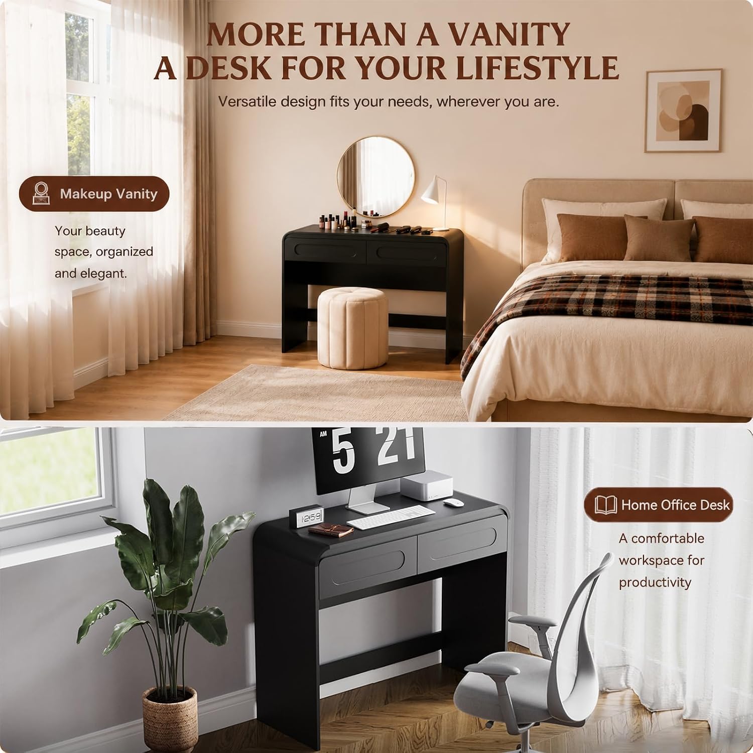 Vanity Desk, Makeup Vanity Desk with 2 Drawers and Storage Desktop Space | Modern Makeup Vanity Dressing Table with Curved Profile Design, Black Makeup Computer Writing Desk for Home Office Bedroom