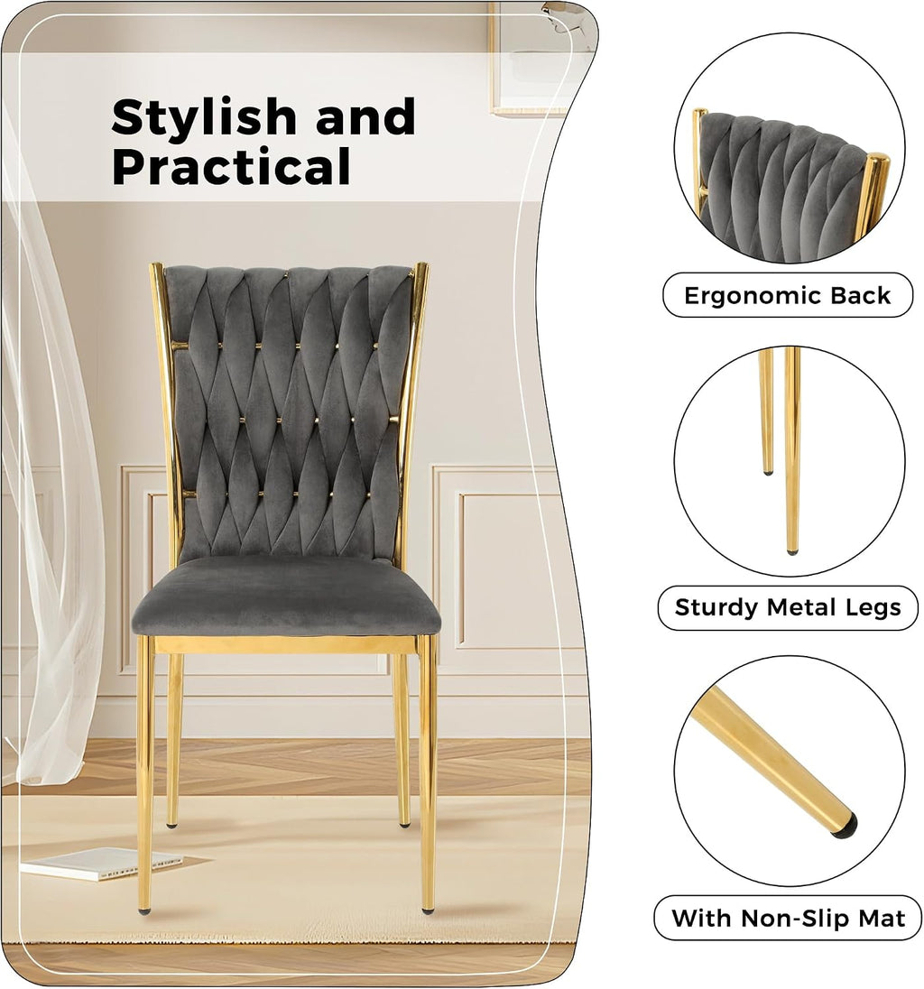 Velvet Dining Chairs Set of 4, Modern Woven Kitchen Chairs with Gold Metal Legs, Upholstered Cushion with High Back, Dirt Resistance, Easy to Install, for Living Room, Dining Room - Dark Grey