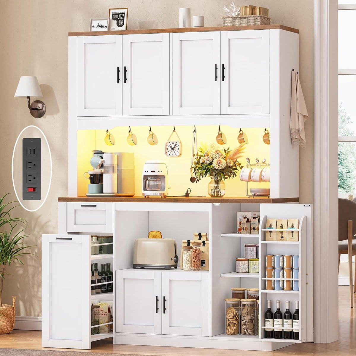 Itaar 71" Pantry Cabinet with Charging Station and LED Light, Kitchen Pantry Cabinet with Microwave Stand, 47.2" Wide Kitchen Storage Cabinets with Storage Cart 3 Tier for Dining Room, White