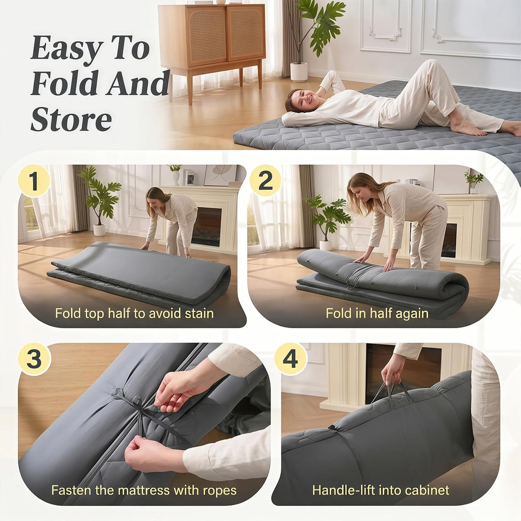 DOWNSTORIA Japanese Floor Mattress, Futon Mattress Roll Up Tatami Mat with Handle, Foldable Floor Bed Sleeping Pad for Camping, Full Size, Grey(54x75)