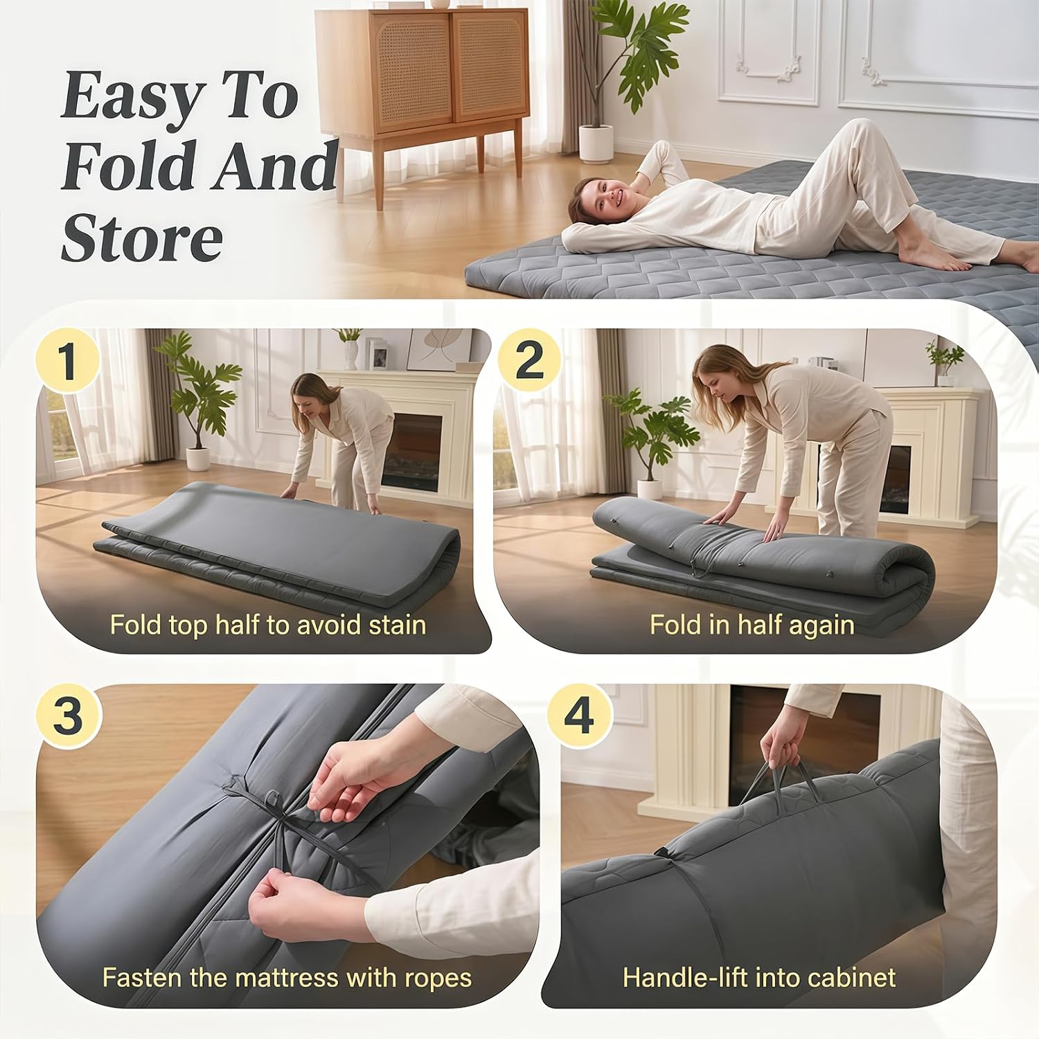 DOWNSTORIA Japanese Floor Mattress, Futon Mattress Roll Up Tatami Mat with Handle, Foldable Floor Bed Sleeping Pad for Camping, Full Size, Grey(54x75)