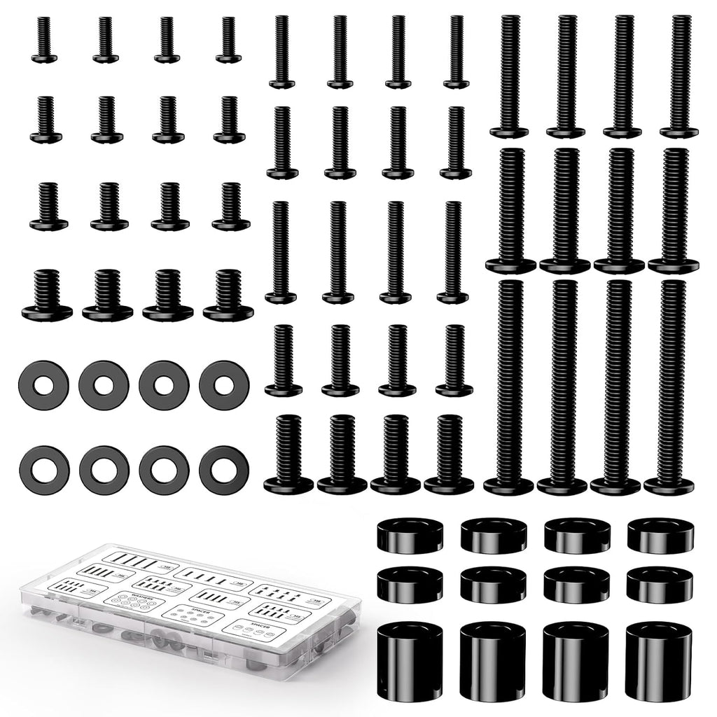 Universal TV Mounting Hardware Screw Kit, M4-M8 Screws for VESA Mounts | Black Screws, Complete set includes bolts, washers and spacers, Fits Most TVs/Monitors up to 80 inches,Organized Storage Case