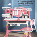 Honrane Kids Study Desk and Chair Set, Height Adjustable Kids School Desk, Cartoon Learning Desks, Kids Desk with Storage, Children Study Table with Storage, Castle Backboard, Bookshelf (Pink), Large
