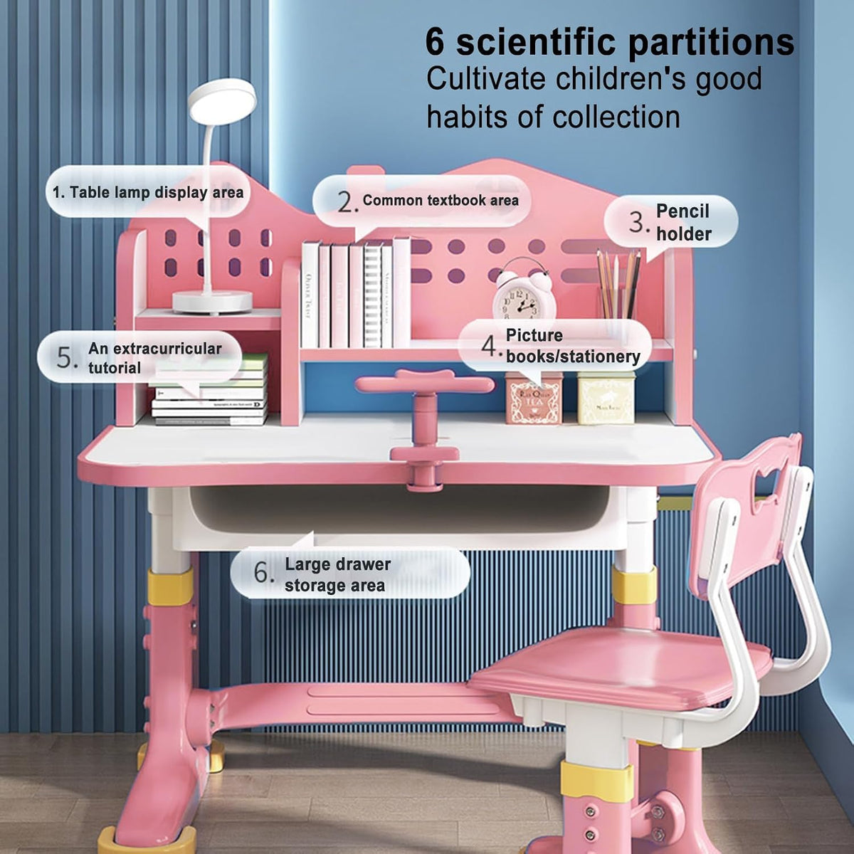 Honrane Kids Study Desk and Chair Set, Height Adjustable Kids School Desk, Cartoon Learning Desks, Kids Desk with Storage, Children Study Table with Storage, Castle Backboard, Bookshelf (Pink), Large