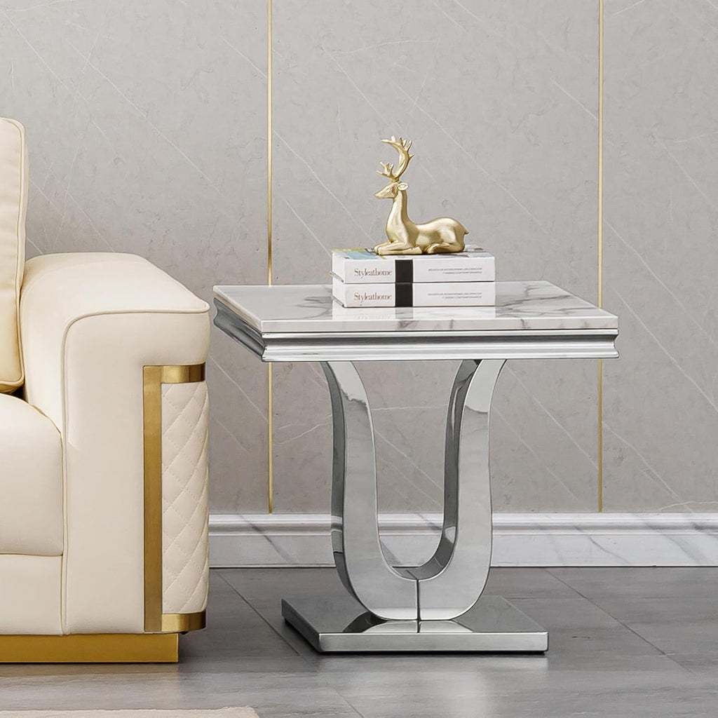 Faux Marble End Table, Modern Rectangular Conner Table with Faux Marble Top U Shape Stainless Steel Base for Bedroom Home Office