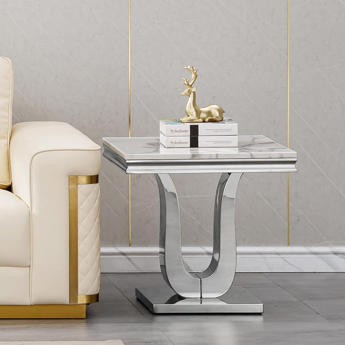 Faux Marble End Table, Modern Rectangular Conner Table with Faux Marble Top U Shape Stainless Steel Base for Bedroom Home Office